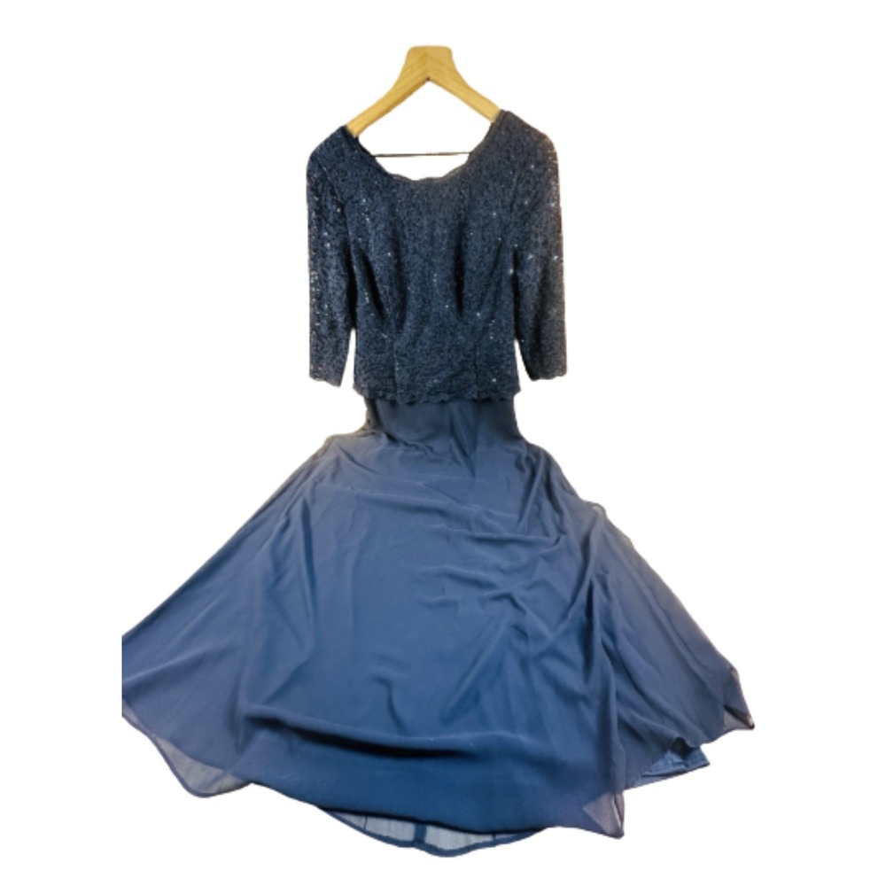 Alex Evenings Floor Length Blue Formal Evening Dress Sequins 3/4 Sleeve Size 12P